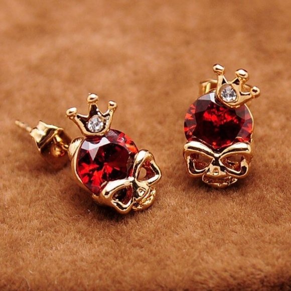 Ruby Red Skull & Crown Stud Earrings - Picture 2 of 3